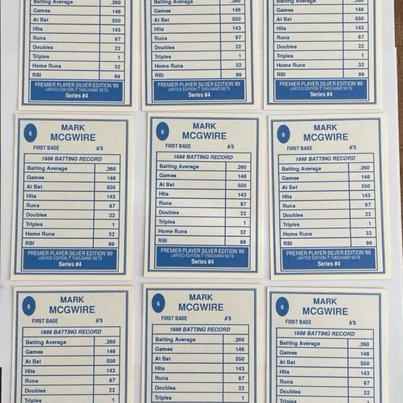 Mark McGwire 1989 Premier Player Silver Edition #6 - Lot of 9 Cards Vintage - Picture 2 of 2